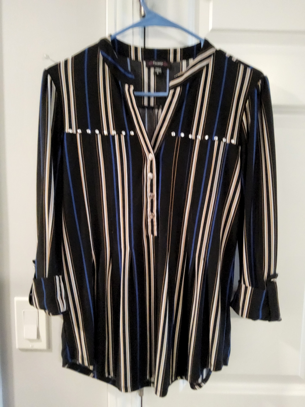 Apt. 9 Black Striped V-Neck Blouse with Stud Detail